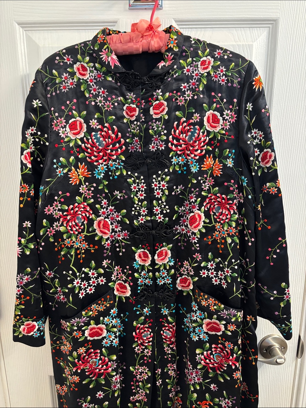 Hand-Embroidered Vintage Floral Black Silk Chinese Jacket Plum Blossoms - L
